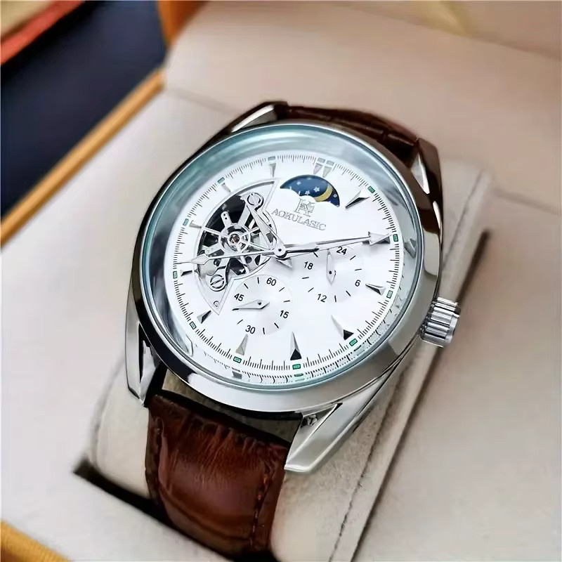 AOKULASIC Armbanduhr Automatik, Mondphasenanzeige, Blau, Leder, Herren - Bild 3