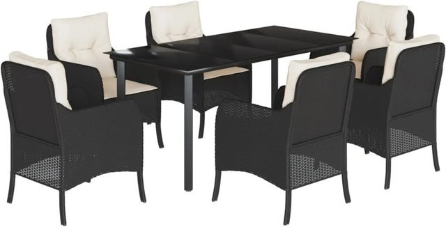 vidaXL 7-teilige Garten-Essgruppe aus Poly Rattan in Schwarz mit Kissen und Hartglas-Tischplatte - Bild 1