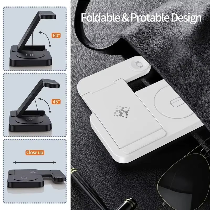 VIKEFON 4 in 1 Wireless Charger Dock faltbar, kabellose Ladestation für iPhone 16 bis 12 Pro Max, iWatch 10 bis SE 2, AirPods Pro und Samsung S25 S24, Farbe: Schwarz - Bild 4
