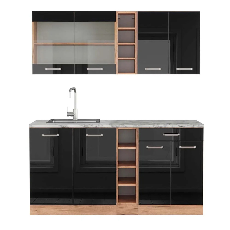 Vicco R-Line Singleküche Schwarz Hochglanz und Goldkraft Eiche mit Marmor-Arbeitsplatte Breite: 160 cm - Bild 2