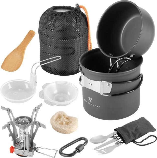 STAHLWERK Camping Kochgeschirr Set aus Aluminium in Schwarz für Gaskocher und Outdoor-Einsätze - Bild 1