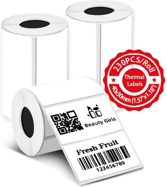 690 Stück wasserfeste Thermopapieraufkleber in Weiß, 3 Rollen für Thermo-Etikettendrucker T50M Pro, PL70E und M110, B: 40 mm x H: 30 mm - Bild 1