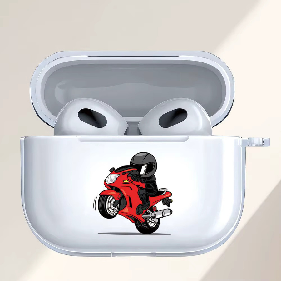 Stoßfeste Kopfhörerhülle mit Cartoon-Motorradfahrer-Design für AirPods Pro 1 2 3 und AirPods 4 3 2 in Transparent - Bild 3