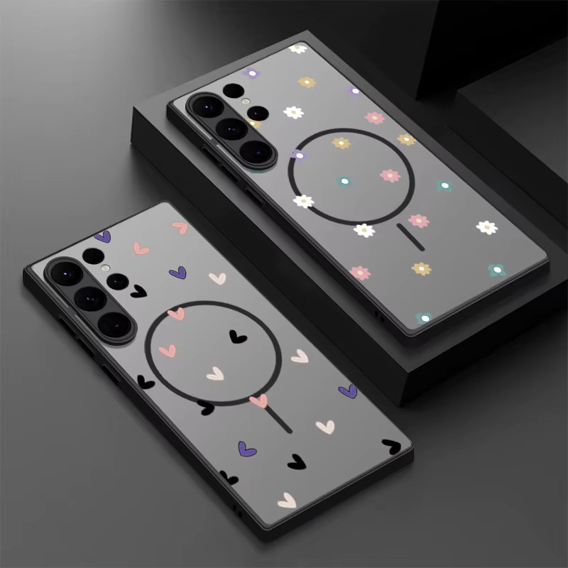 MagSafe Handyhülle mit Herzchen-Print für Samsung Galaxy S26 S25 S24 S23 S22 Ultra Plus FE, Magnetische Matte Rückseite, Schwarz - Bild 1