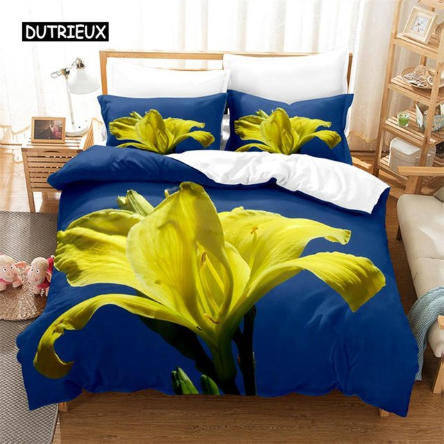 Binchi Outdoor Product Bettwäscheset mit Blumenmuster in Gelb und Blau, 3-teiliges Microfaser-Bettwäscheset mit Digitaldruck, B/H: 150 x 200 cm - Bild 1