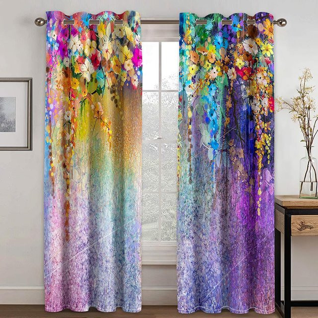 Elegante moderne Vorhänge mit Blumenmuster in Mehrfarbig, 2er-Set, semi-transparent, B: 100 cm, H: 240 cm - Bild 1