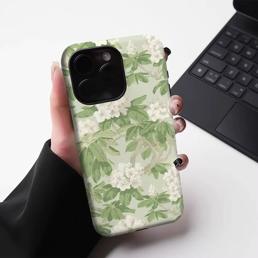 Potdemiel Magnetische Handyhülle mit Blumenmuster für iPhone 17 16 15 14 13 Pro Max Plus, Grün-Weiß, Robuste Doppelschicht-Hülle - Bild 3