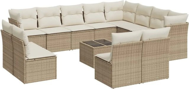 vidaXL 13-teilige Garten-Sofagarnitur in U-Form aus Polyrattan mit Kissen und Tisch in Beige-Creme - Bild 1