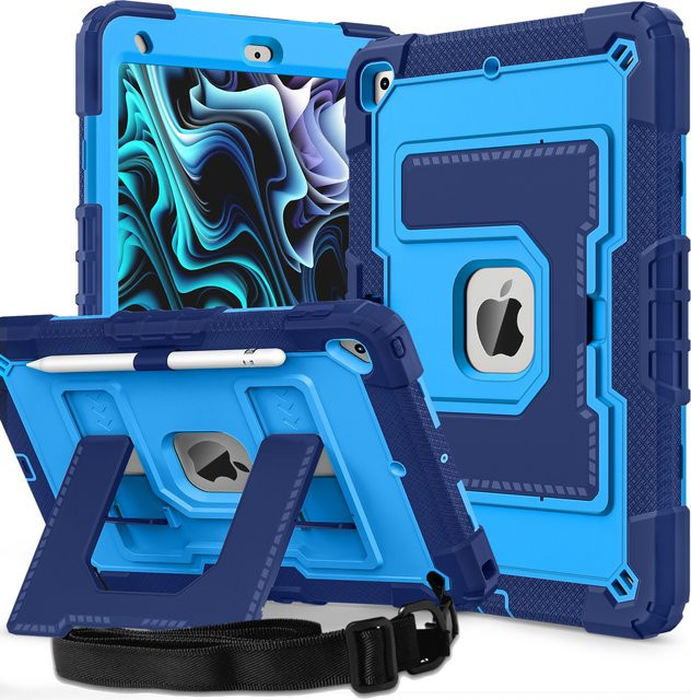 WeFor Robuste iPad Hülle für 7., 8., 9. Generation (10,2 Zoll) mit Ständer, Kreuzgurt und Stifthalter in Schwarz, Pink oder Blau - Bild 1