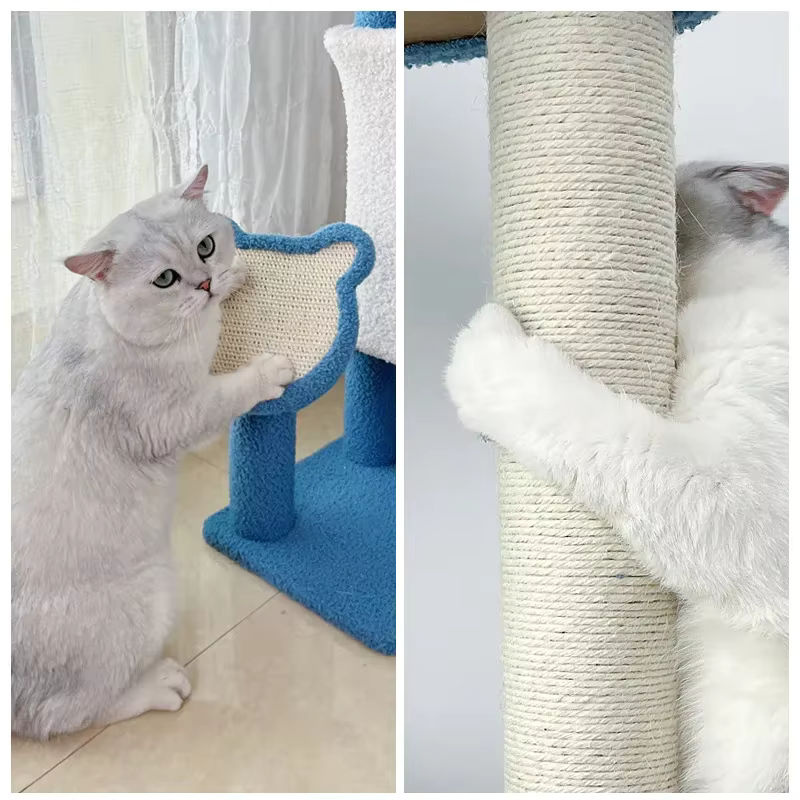Multifunktionaler Katzenkratzbaum aus Sisal und Textil in Blau, mehrstöckiger Katzen-Kletterrahmen mit Katzenhaus-Turm - Bild 4