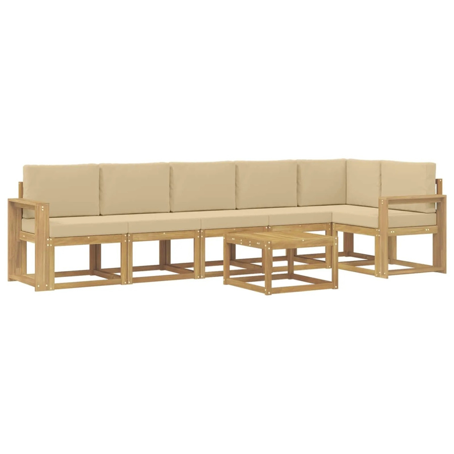 vidaXL Outdoor-Sofagarnitur 7-teilig in L-Form mit Kissen und Couchtisch aus Akazienholz in Weiß, Beige und Braun - Bild 2
