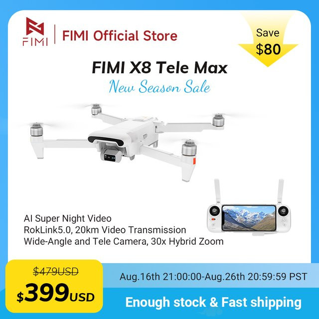 FIMI X8 Tele Max Drohne mit RokLink 5.0 Digitalem Videoübertragungssystem und 1/2-Zoll CMOS Weitwinkel-Telekamera in Weiß - Bild 1