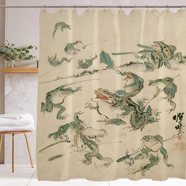 Baifenbai Home Furnishing Duschvorhang Frosch im asiatischen Stil, Tinte Multicolor, wasserdicht, B: 180 cm, H: 210 cm - Bild 1