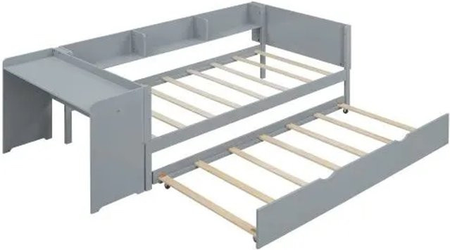 KOMHTOM Ausziehbett mit Schreibtisch und drei Regalen aus Kiefernholz und MDF, Farbe: Grau, B/T/H: 200 x 90 x 112 cm - Bild 1