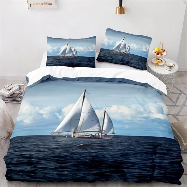 Nautisches Bettwäsche-Set Welle in Blau mit Segelboot-Motiv, Bettbezug und Kissenbezug aus Polyester, B/H: 180 x 210 cm - Bild 1