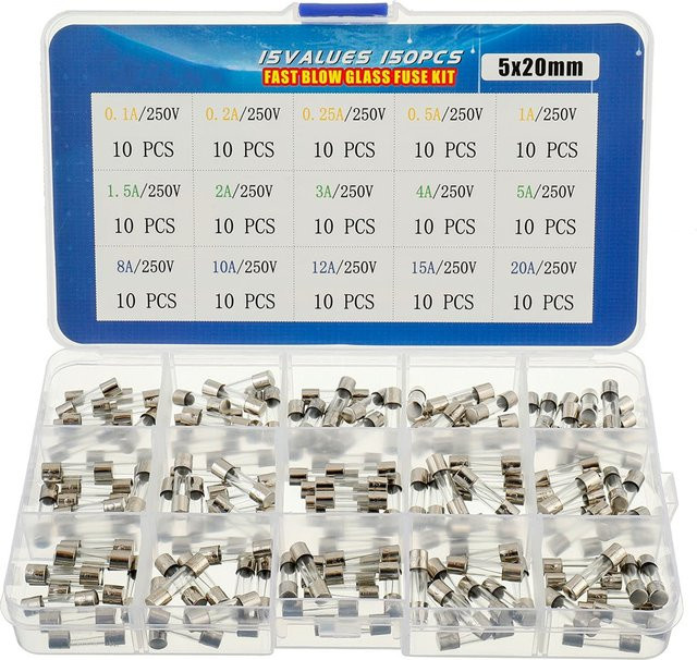 150 Stück Schnellwirkende Glassicherungen Set in Transparent, 15 verschiedene Werte, Maße 5 x 20 mm, 250V - Bild 1