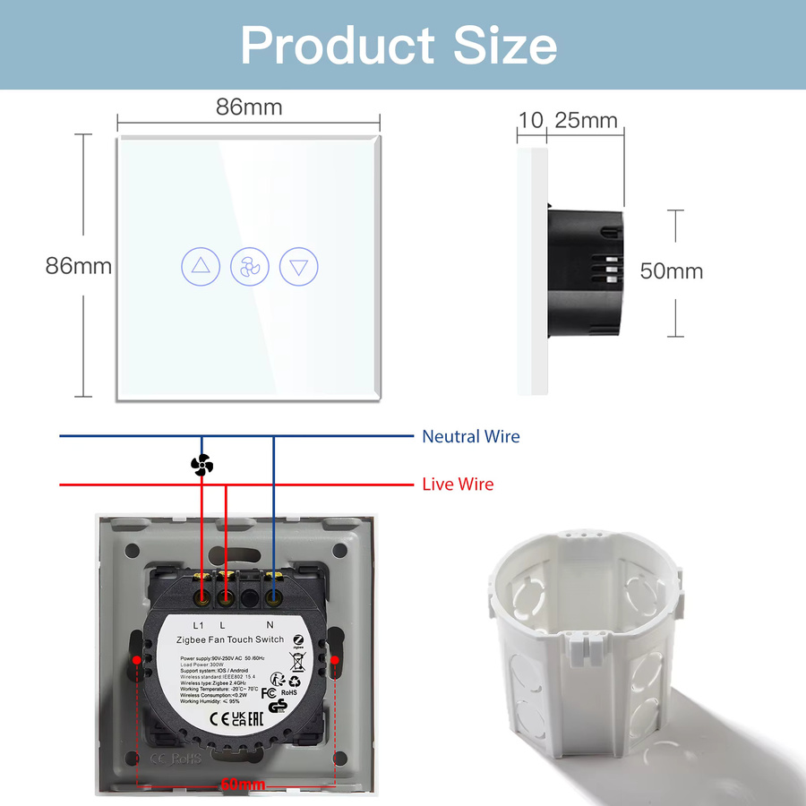 BSEED Zigbee Smart Wand Touch Schalter mit EU Buchse und Geschwindigkeitsregelung, Tuya Smart & Leben kompatibel, Weiß - Bild 2