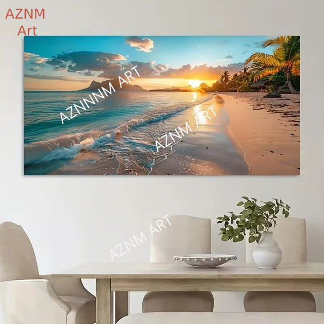 AZNM Leinwand-Wandkunst Tropischer Strand-Sonnenuntergang Moderne Meereslandschaft in Mehrfarbig - Bild 1