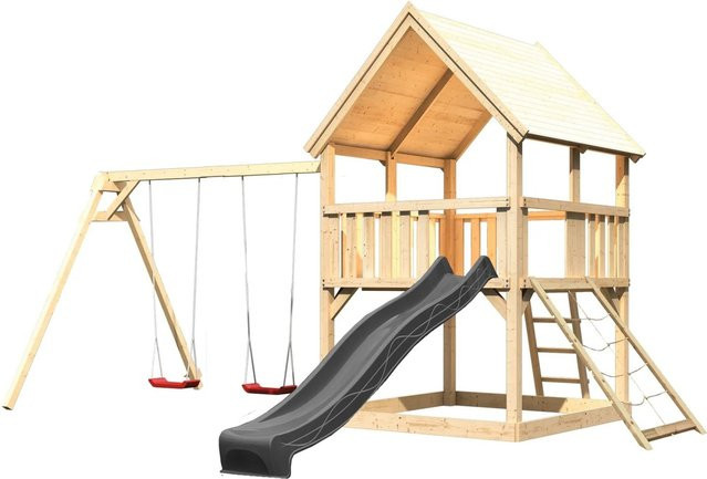 Karibu Spielturm Luis aus Massivholz mit Rutsche, Doppelschaukel und Netzrampe in Natur-Anthrazit - Bild 1