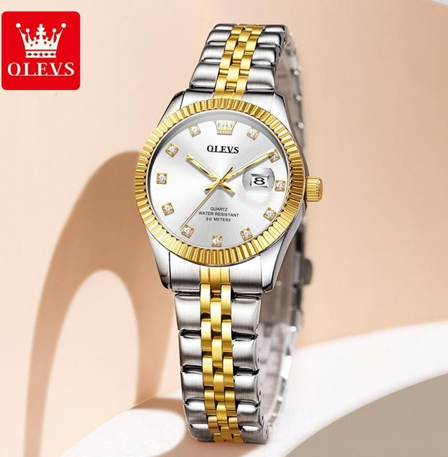 OLEVS Armbanduhr, Quarz, Edelstahl, Weiß/Gold, Diamant, Damen - Bild 1