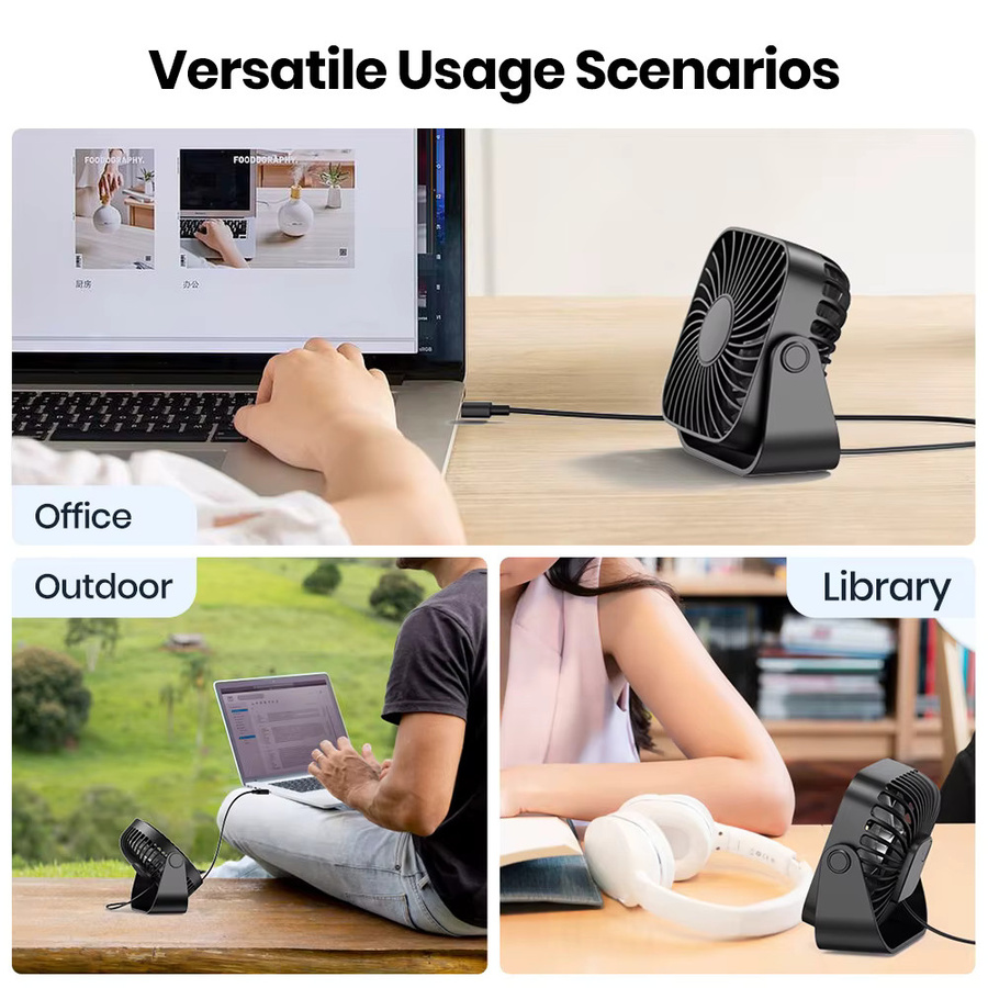 TOPK 4-Zoll USB-Mini-Ventilator in Schwarz mit 3 Geschwindigkeiten und 360 Grad Verstellbarkeit für Camping und Zuhause - Bild 7