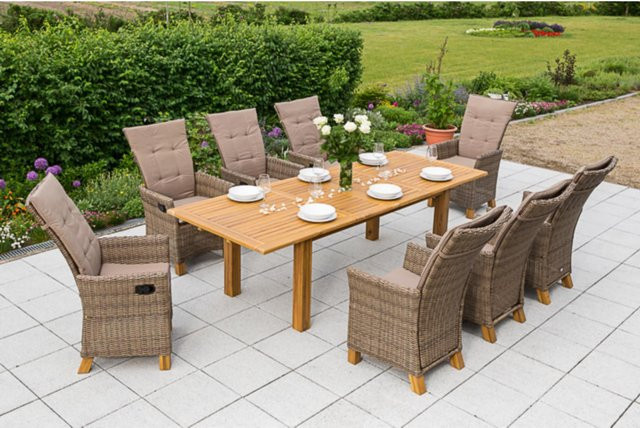 Merxx Loungegruppe Toskana 17-tlg. Set mit Hochlehnersesseln und ausziehbarem Doppel-Gartentisch aus Akazienholz und Kunststoffgeflecht in Natur/Braun - Bild 1