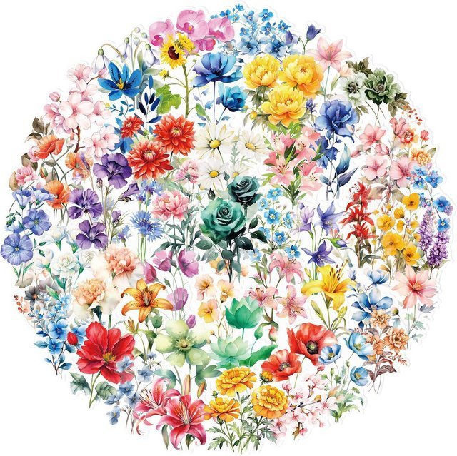 50 Stück Rd lala Blumen-Serie Doodle-Aufkleber aus PET in Grau und Multicolour für Handyhüllen, Wasserflaschen und Notizbücher - Bild 1