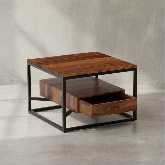 KADIMA DESIGN Moderner Sofatisch aus Sheesham Massivholz und Metall mit Schublade, quadratisch, Braun, B/T/H: 60 x 60 x 40 cm - Bild 1