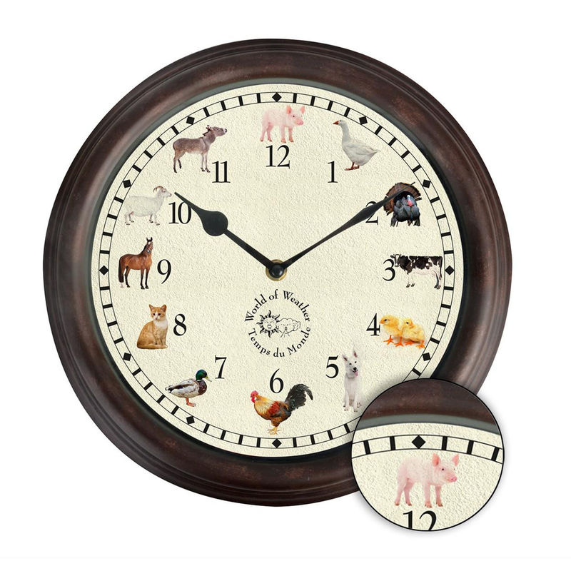 Esschert Design Wanduhr Analog Rund in Braun mit Tiergeräuschen im Landhausstil für Kinder - Bild 2