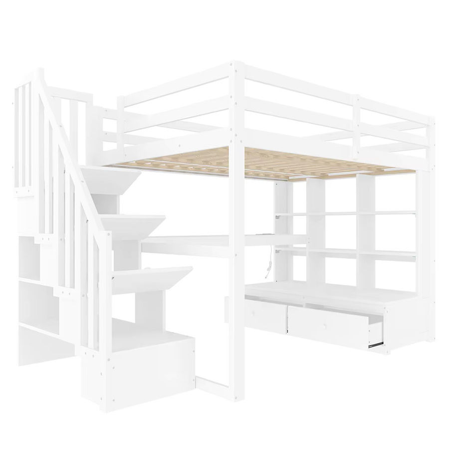 KOMHTOM Multifunktionales Hochbett in Weiß mit integriertem Schreibtisch, Aufbewahrungsregalen und 2 Stauraumschubladen, B/T/H: 140 x 200 cm - Bild 2