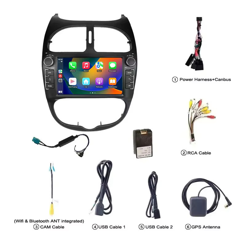 Icreative Autoradio mit Navigation GPS und Bluetooth für PEUGEOT 206 206CC 206SW (2000-2008), 2 Din Multimedia Player mit Android Auto und CarPlay, Schwarz - Bild 4