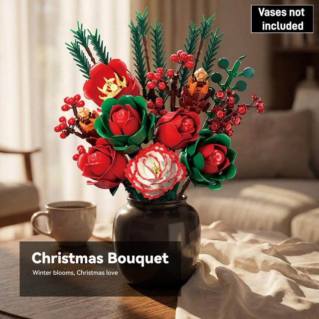 ZOCO Weihnachtsrosen-Bouquet Baukasten aus roten Blumen-Bausteinen als DIY Künstliche Botanische Heimdekoration für Erwachsene - Bild 1