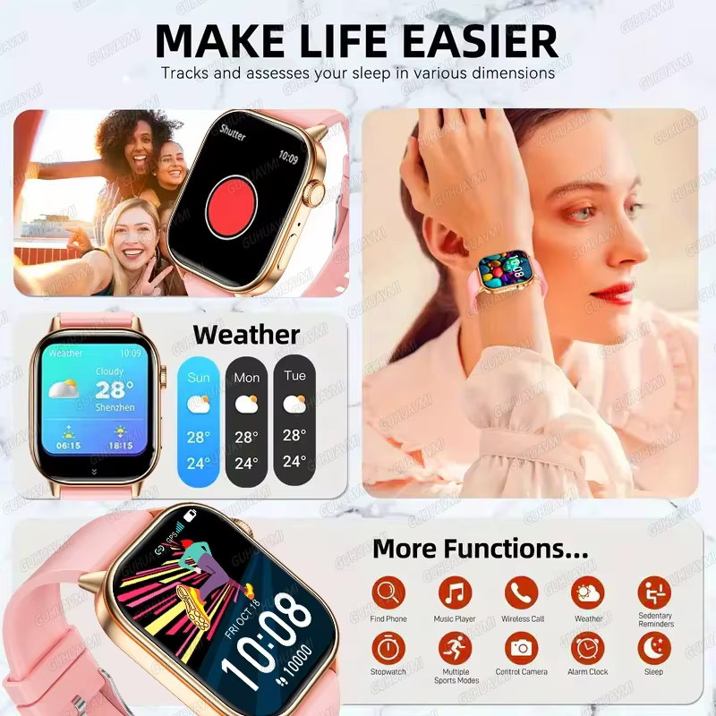 GUHUAVMI Smartwatch für Damen mit GPS, Bluetooth-Anruf-Funktion und 5 ATM Wasserdichtigkeit, Schwarz oder Pink - Bild 2