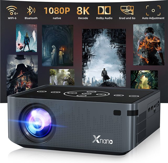 Xnano Smart Heimkino Projektor mit Android 9, 8K Unterstützung, 1080P Auflösung, Dual Wifi, Bluetooth 5.0 und Dolby Audio in Schwarz und Grau - Bild 1