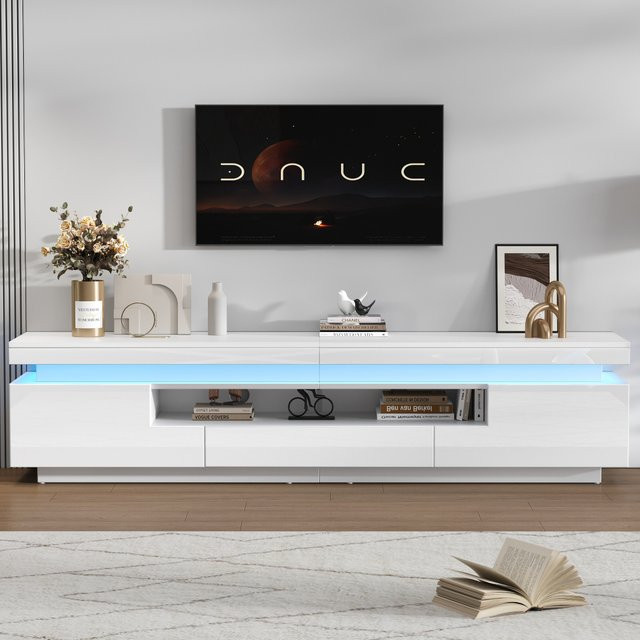 PINGGO Moderner LED-TV-Ständer in Weiß mit Hochglanz-Finish und L-förmigen Schränken sowie Schubladen als Lowboard für dein Wohnzimmer - Bild 1
