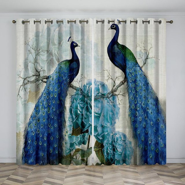 Pfauenblau Feder Tier-Thema Verdunkelungsvorhänge aus Polyester, 2er-Set, Breite: 100 cm, Höhe: 220 cm - Bild 1