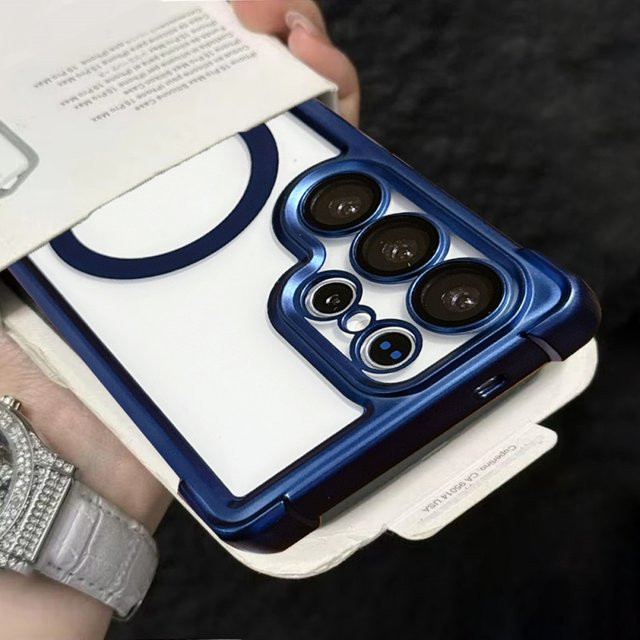 Transparente magnetische kabellose Ladehülle für Samsung S25 S24 S23 Ultra Plus stoßfeste MagSafe Panzerung in Pink oder Blau - Bild 1