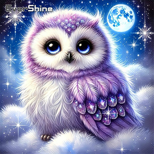 Evershine 5D Diamant-Mosaik DIY Strass-Stickerei Eule mit Mond in Multicolour, Vollbohr-Malerei mit runden Steinen, B/H: 20 x 20 cm - Bild 1