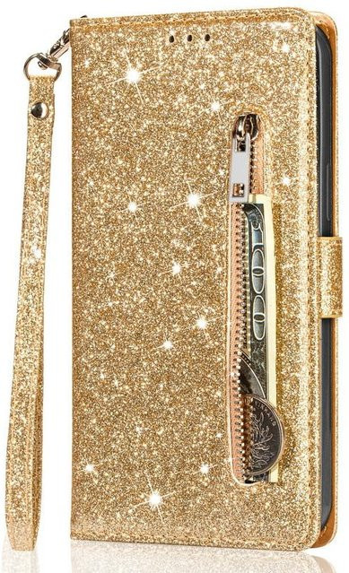 Samsung Lederhülle mit Glitzer-Effekt und Reißverschluss-Portemonnaie für Galaxy S25 S26 S24 S23 Ultra S21 FE S20 FE A16 A17 A36 A34 A35 A37 5G A52 A53 A54 A55 A56 A57 A06 in Gold - Bild 1