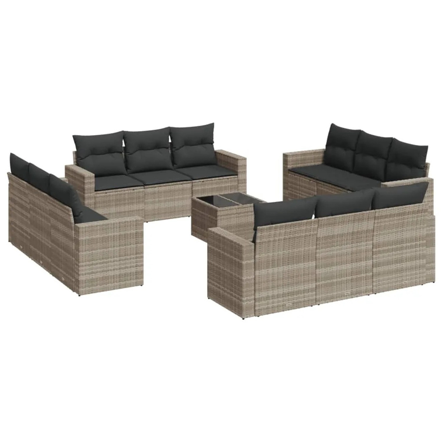 vidaXL 13-tlg. Garten-Sofagarnitur in L-Form aus Polyrattan mit Kissen und Tisch, Hellgrau - Bild 2
