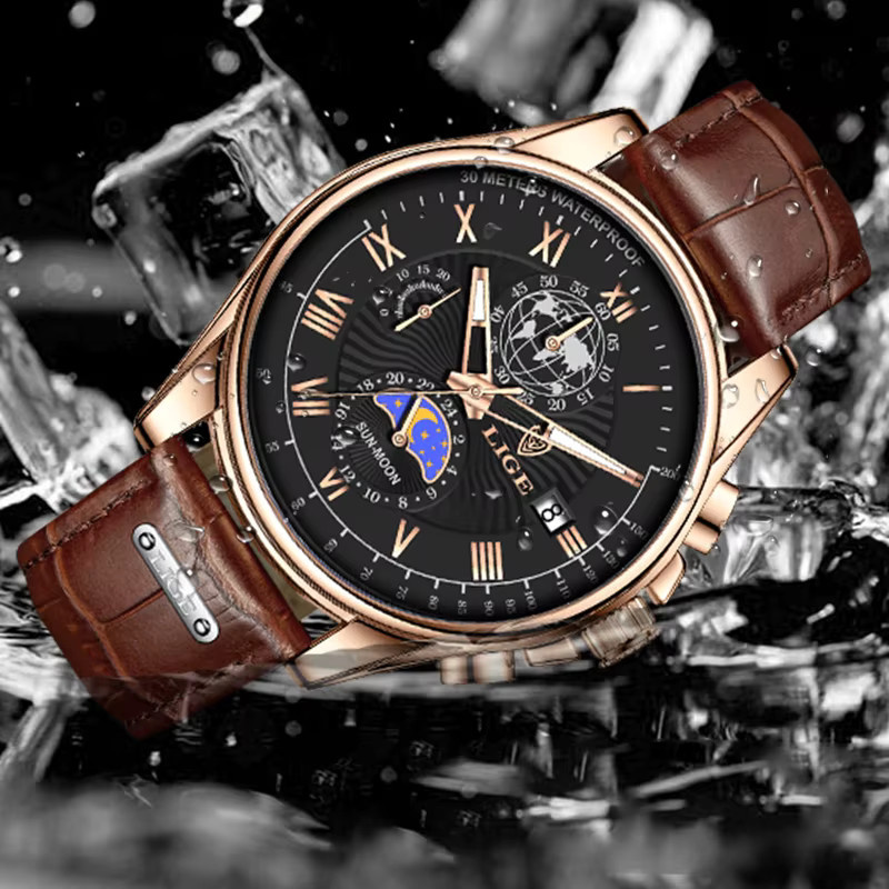 LIGE Armbanduhr Chronograph, Quarz, Leder, Herren - Bild 4