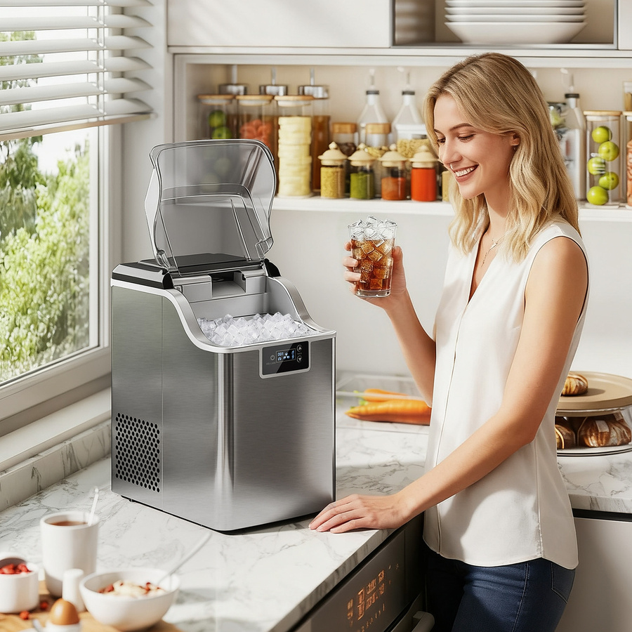 HOMCOM Eiswürfelmaschine aus Edelstahl in Silber mit 2,1 l Wassertank und Selbstreinigungsfunktion inklusive Eisschaufel und Korb - Bild 2