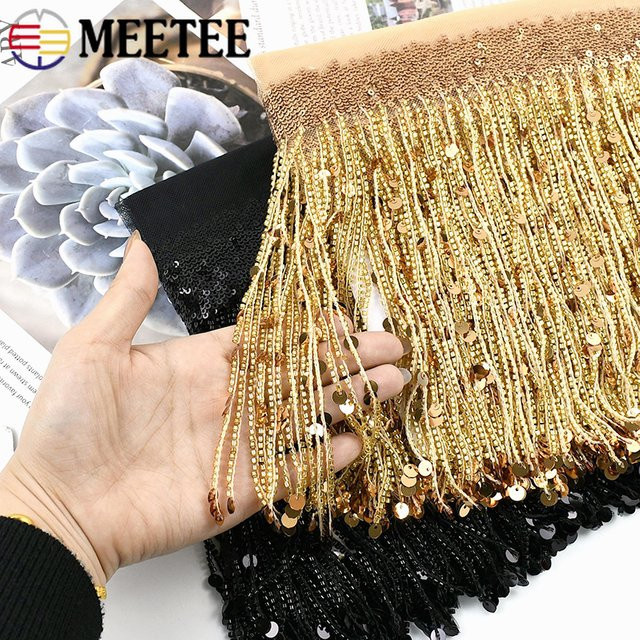 Meetee Pailletten-Fransenquasten in Schwarz mit Perlen-Spitzenbesatz, 4 m Rolle, Breite: 20 cm - Bild 1