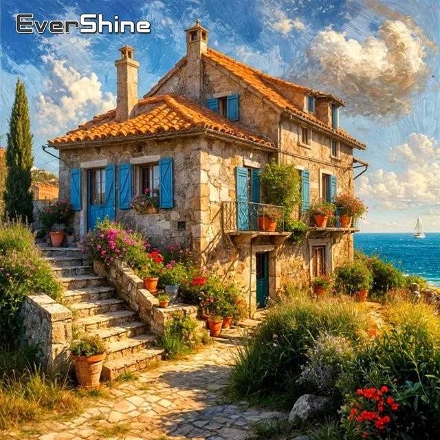 EverShine DIY Diamant-Mosaik Haus-Landschaft als Rundes Diamant-Gemälde in Multicolour für den Tischaufsteller - Bild 1
