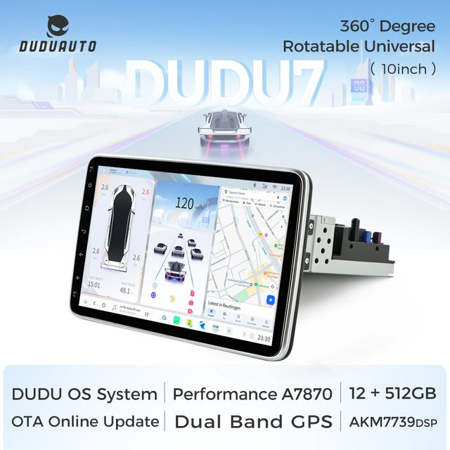 DUDUAUTO DUDU7 UIS7870 1 Din Android Autoradio mit 10 Zoll drehbarem Bildschirm, kabelloses Carplay, Dual GPS, 4G, WIFI, Bluetooth und DSP, Schwarz - Bild 1