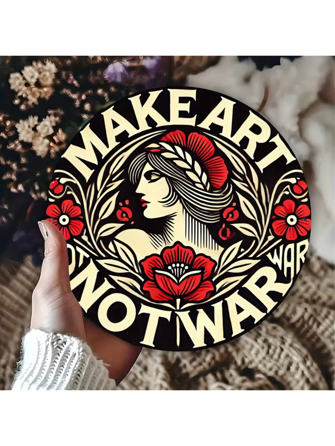 Potdemiel Vintage Wanddekoration Make Art Not War Peace Rose Girl Metallschild, Durchmesser: 20 cm, Mehrfarbig - Bild 6