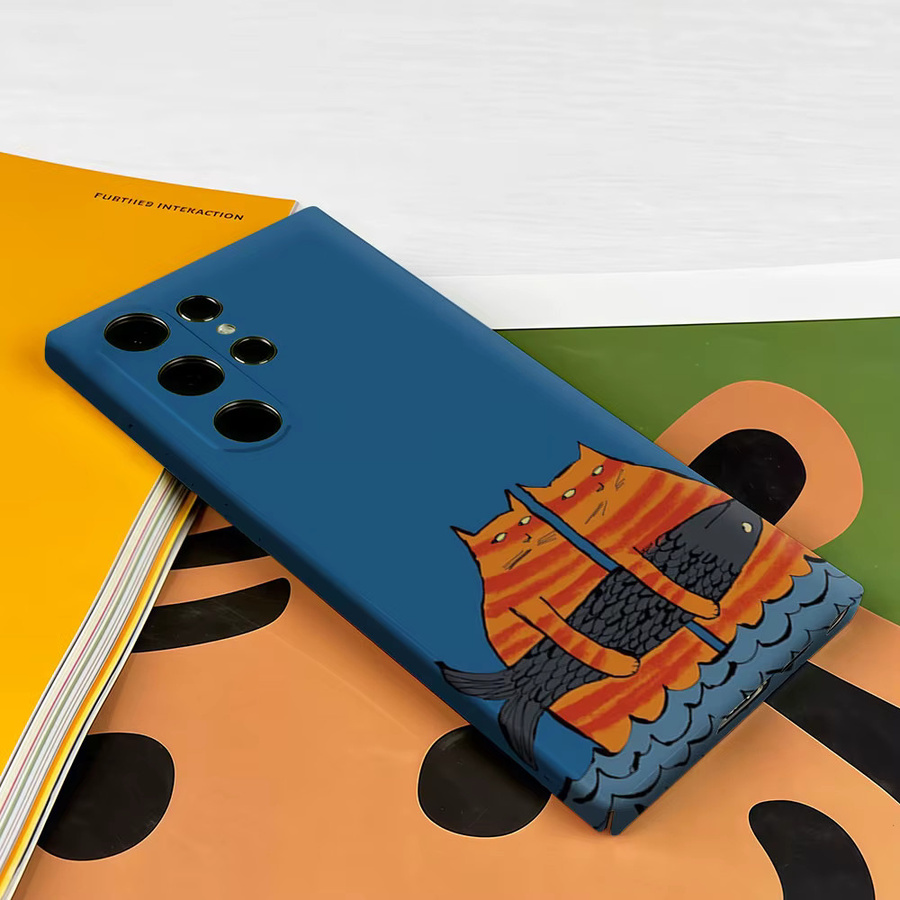 Aurbe Handyhülle für Samsung Galaxy S26 S25 S24 S23 Ultra Plus mit Twin Tabby Cats & Fish Design in Blau - Bild 3