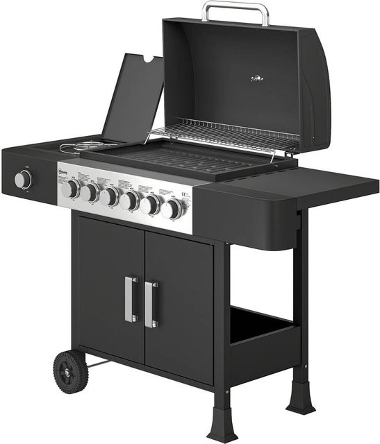 Outsunny Gasgrill aus Edelstahl mit 6+1 Brennern, Seitenbrenner, Thermometer und Rollen, Farbe: Schwarz, B/H/T: 51 x 101 x 135 cm - Bild 3