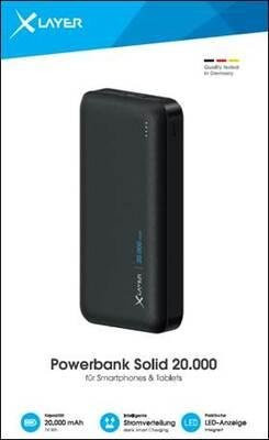 XLayer Powerbank Solid 20.000-mAh in Schwarz mit USB-A, USB-C und Micro-USB Anschlüssen - Bild 1