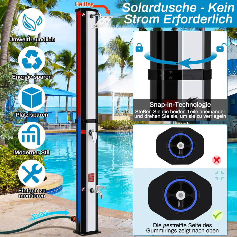 HWC Solar Dusche mit Solarpanel für Garten, Strand und Pool, wasserdicht, Schwarz - Bild 2